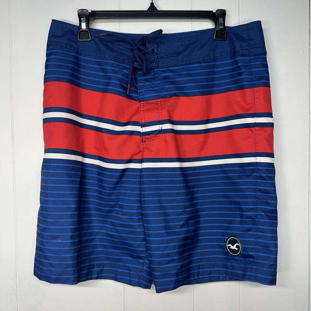 Hollister Men’s Board Shorts Size 34 Blue Red Striped Swim Trunks